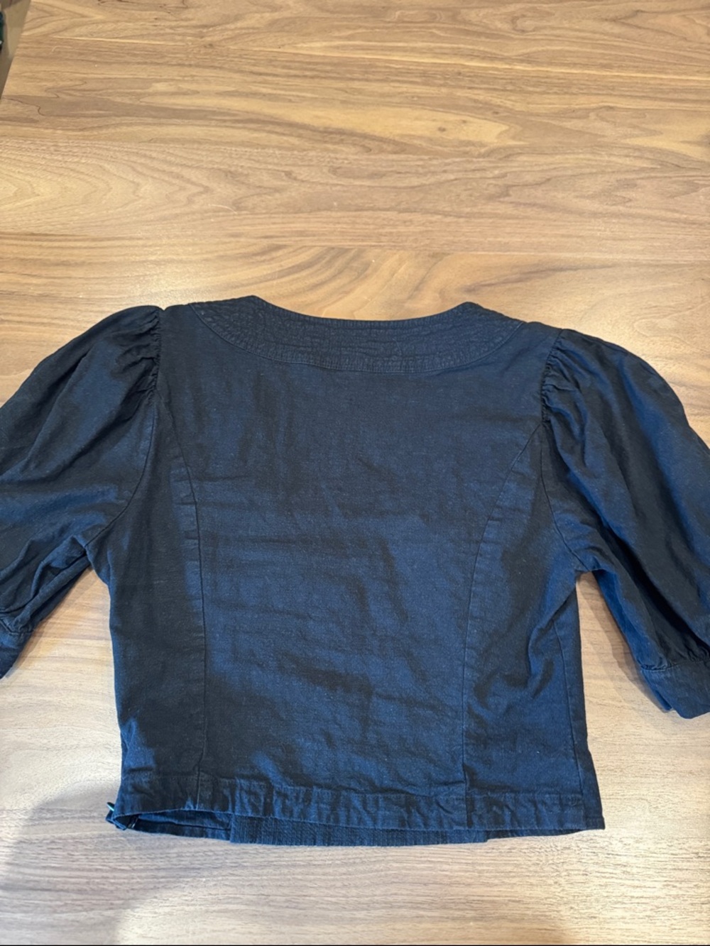 Anthropologie Black Scoop Puff Sleeve Cropped Linen Blend Top- XS - Picture 4 of 8